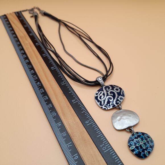 Chico's Blue Enamel Pendant Necklace, Leather Cords, 20 Inch - Picture 7 of 10